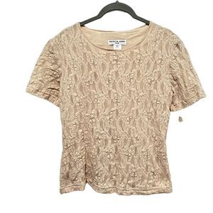 Mesh Lace Beige Fitted Shirt USA SZ XL L Patricia Jones Vintage Women's Stretch